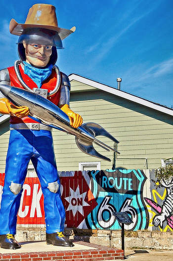 Buck Atom 21-foot tall muffler man and space cowboy, in Tulsa, Oklahoma