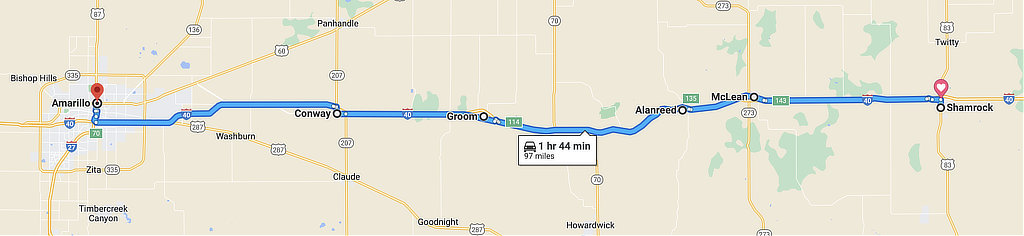 Map showing the location of Shamrock and Route 66 in the Texas Panhandle