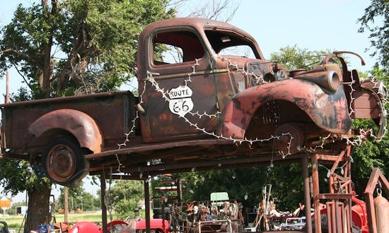 Old Route 66 truck at Dima's Trade-N-Post on the corner of South Main Street and Roberts Street in Vega, Texas