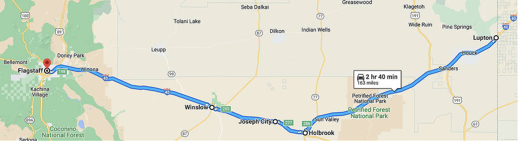 Map showing the location of Joseph City between Holbrook and Winslow on U.S. Route 66 