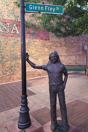 Glenn Frey tribute statue in the Standin' on the Corner park in Winslow, Arizona