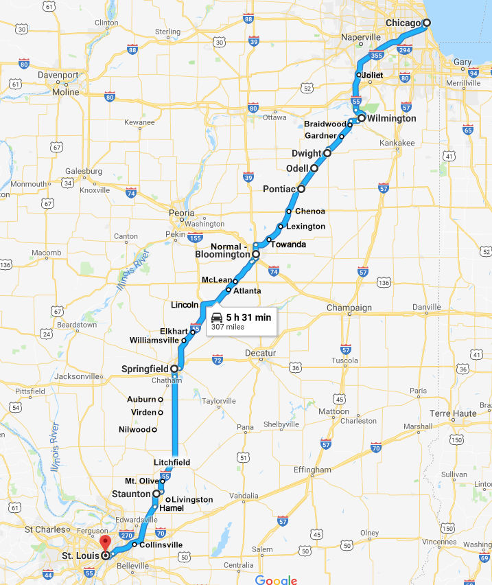 Map showing the location of Atlanta in Illinois on Historic Route 66