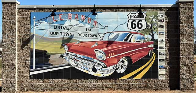 Route 66 mural with a 1957 Chevrolet, in Lebanon, Missouri ... "Drive our town"