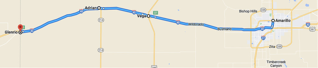 Map showing the location of Vega on U.S. Route 66 in Texas
