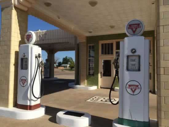 Conoco gas pumps at Tower Plaza in Shamrock, Texas
