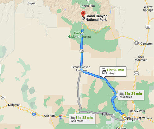 Map showing a road trip from Route 66 in Flagstaff to the Grand Canyon