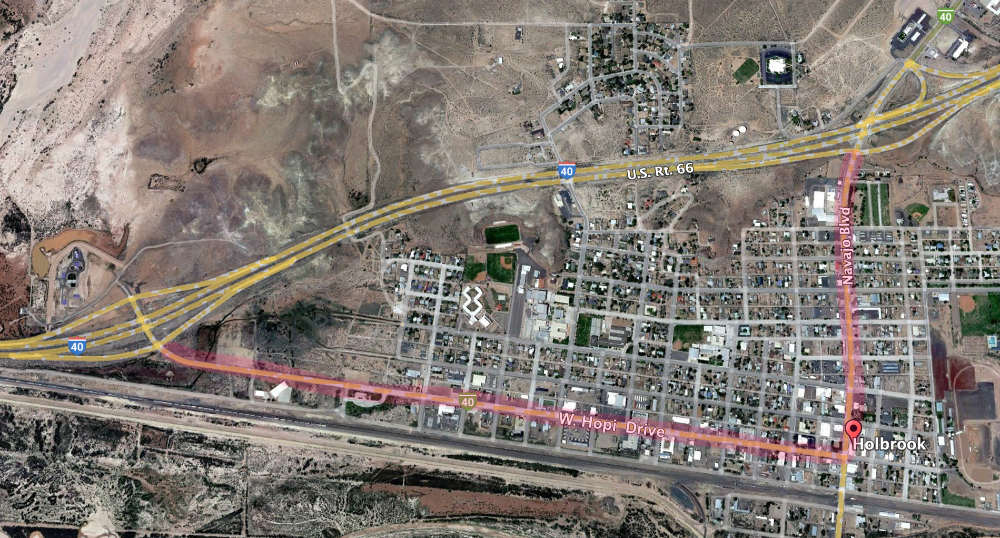 Map showing an early alignment of Route 66 through Holbrook, Arizona, on West Hopi Drive and Navajo Boulevard