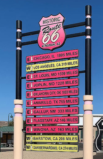 Historic Route 66 mileage chart from Kingman, Arizona