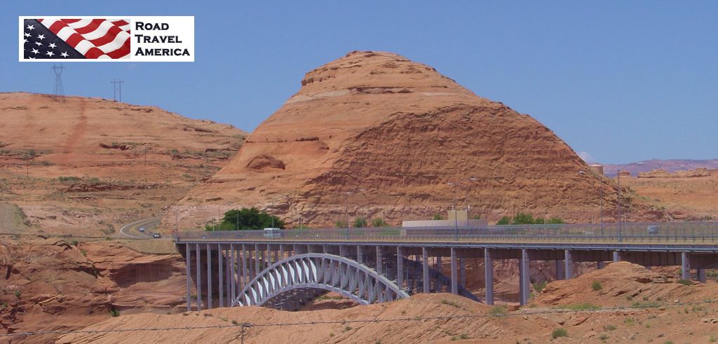 The Glen Canyon Dam Bridge, looking west towards the Carl Hayden Visitor Center