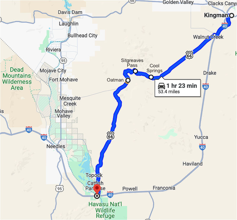 Map showing U.S. Route 66 from Kingman to Oatman, Arizona