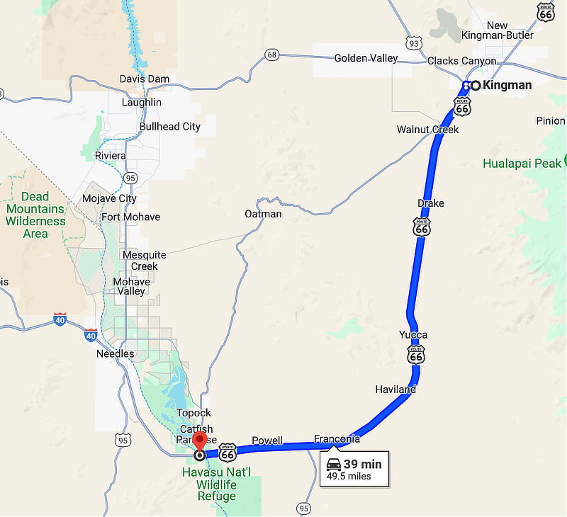 Map showing the 1952 U.S. Route 66 alignment from Kingman to Yucca and Topock