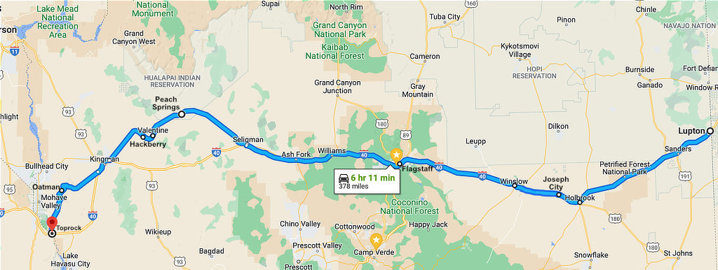 Map showing Route 66 across Arizona from Lupton to Toprock