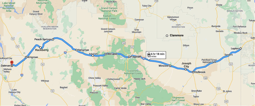 Map showing Route 66 across Arizona from Holbrook to Oatman
