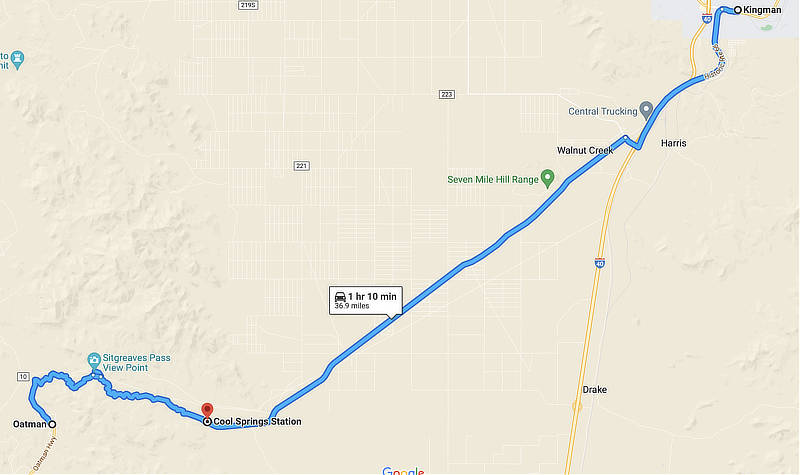Map of Route 66 from Kingman to Oatman, Arizona