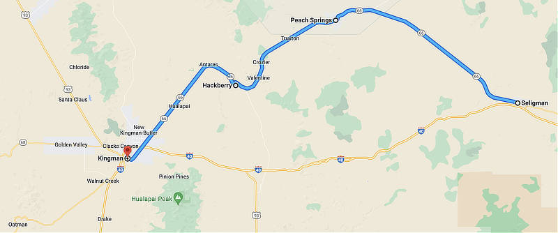 Map of Route 66 showing the location of Hackberry between Seligman and  Kingman, Arizona