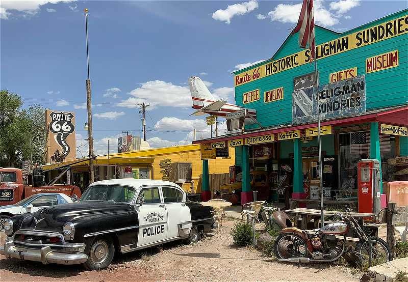 Historic Seligman Sundries on Route 66 in Arizona with the old classic motorcycle