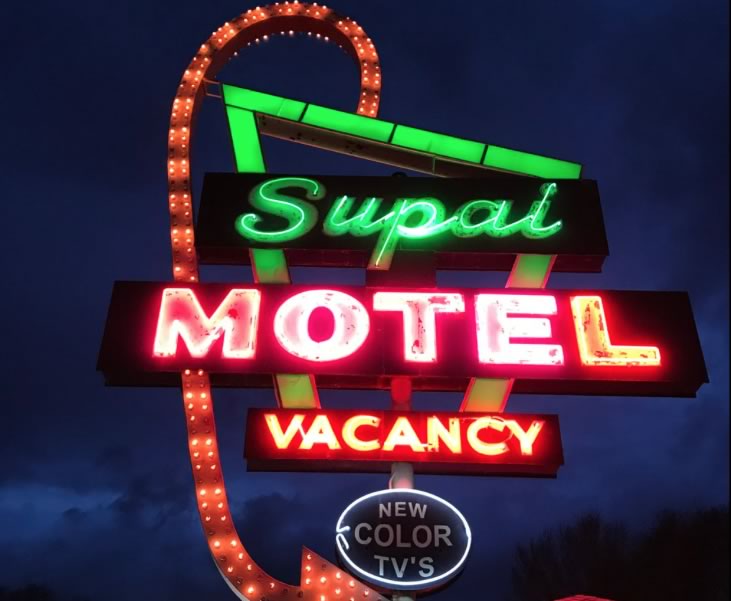 Nighttime in Seligman, Arizona, at the Supai Motel on Route 66