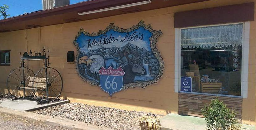 Exterior view and mural at Lilo's Cafe in Seligman, Arizona, on Historic Route 66