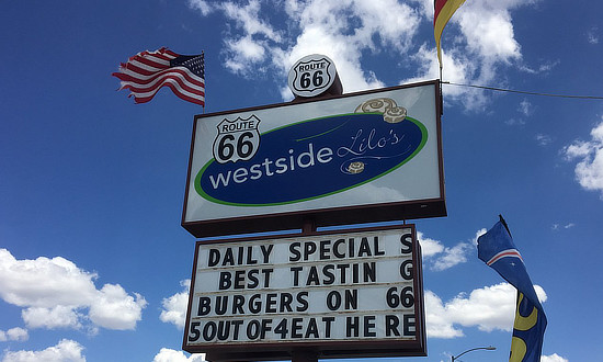 Sign at Lilo's Cafe in Seligman, Arizona, on Historic Route 66, with the American and German flags