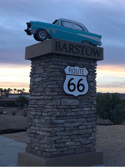 Barstow California Signage: the blue 1957 Chevrolet Bel-Air on Route 66
