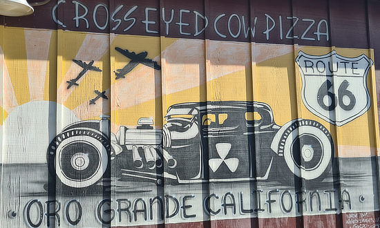 Route 66 mural in Oro Grande, California, at Cross Eyed Cow Pizza