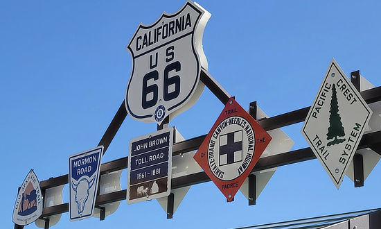 Camp Cajon kiosk on Old Route 66 in California ... Old Spanish Trail, Mormon Road, and John Brown Toll Road