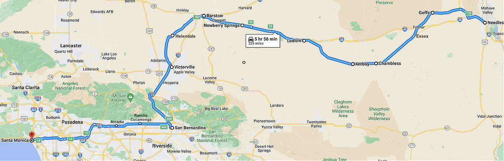 Map showing approximate Route 66 location from Needles to Santa Monica