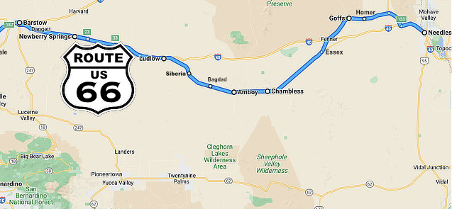 Map showing approximate Route 66 location from Needles to Barstow, California