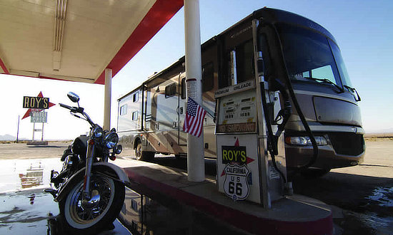Motorcycle stopped at Roy's in Amboy, California, on Route 66
