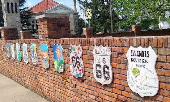 "Route 66 Imagined" shields on display in downtown Atlanta, Illinois