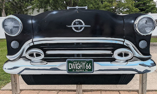Old Oldsmobile art sculpture on Route 66 in Dwight, Illinois