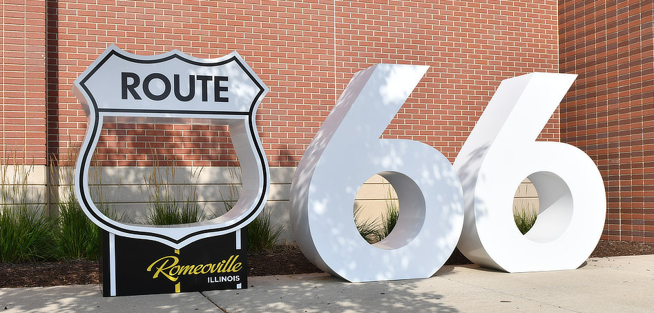 Route 66 sign outside the Romeoville Athletic & Event Center at 55 Phelps Avenue