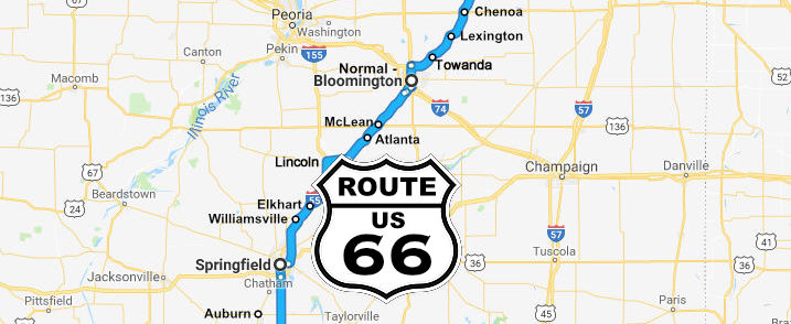 Map showing approximate Route 66 location from Bloomington to Springfield, Illinois