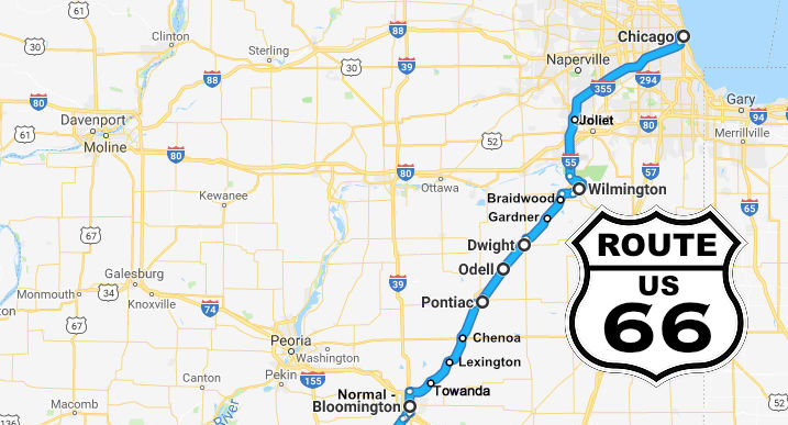 Map showing approximate Route 66 location from Chicago to Bloomington, Illinois