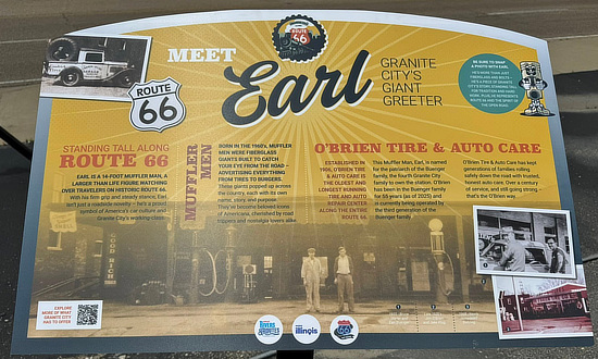Sign for Mike the giant "muffler man" at O'Brien's Tire and Auto Care in Granite City, Illinois, on Historic Route 66