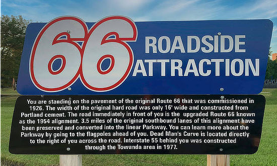 Route 66 Dead Man's Curve signage in Towanda, Illinois