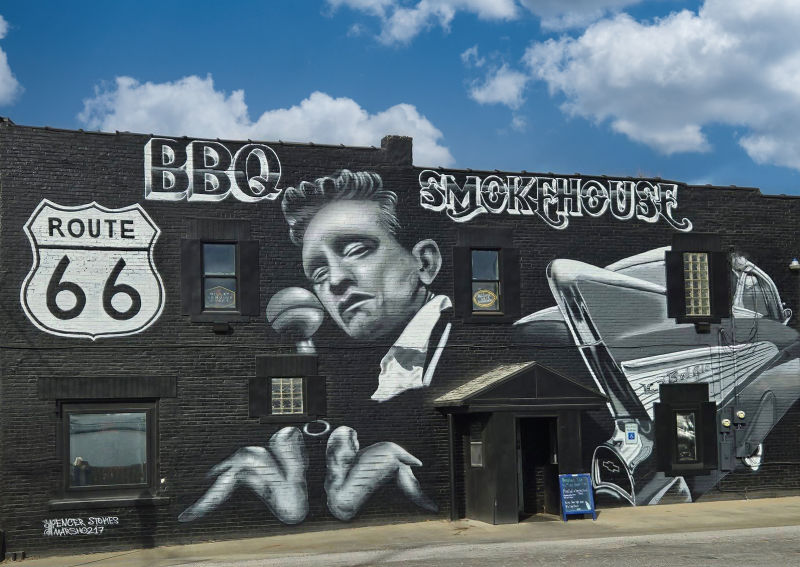 Route 66 mural on the The Stadium Smokehouse Bar & Grill in Springfield, Illinois