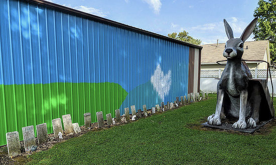 Giant rabbit and rabbit graveyard at Henry's Rabbit Ranch on Route 66 in Staunton, Illinois