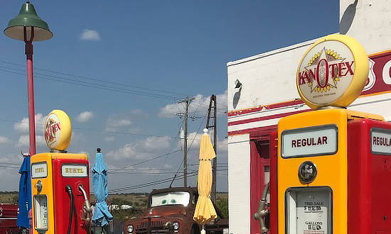 Kan-O-Tex gas pumps at Cars on the Route in Galena Kansas on Historic US Route 66