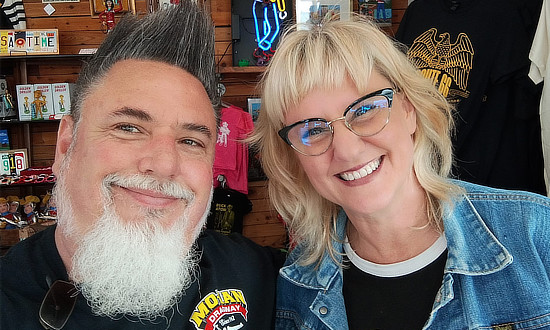 Aaron with Mary Beth Babcock, owner of Buck Atom's Cosmic Curios and other Route 66 ventures in Tulsa, Oklahoma