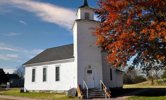 Vintage wooden church at Red Oak II, northeast of Carthage, Missouri