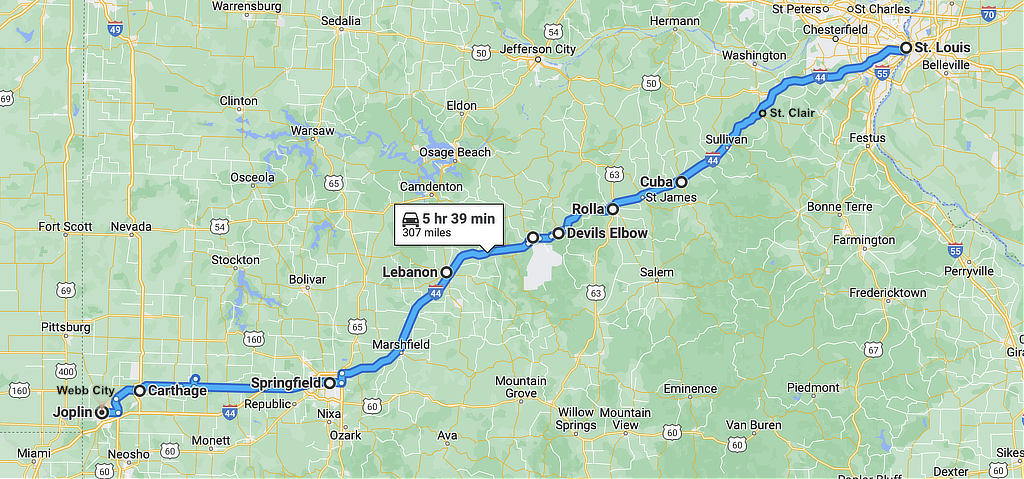 Approximate location of Historic Route 66 from St. Louis to Joplin, Missouri 