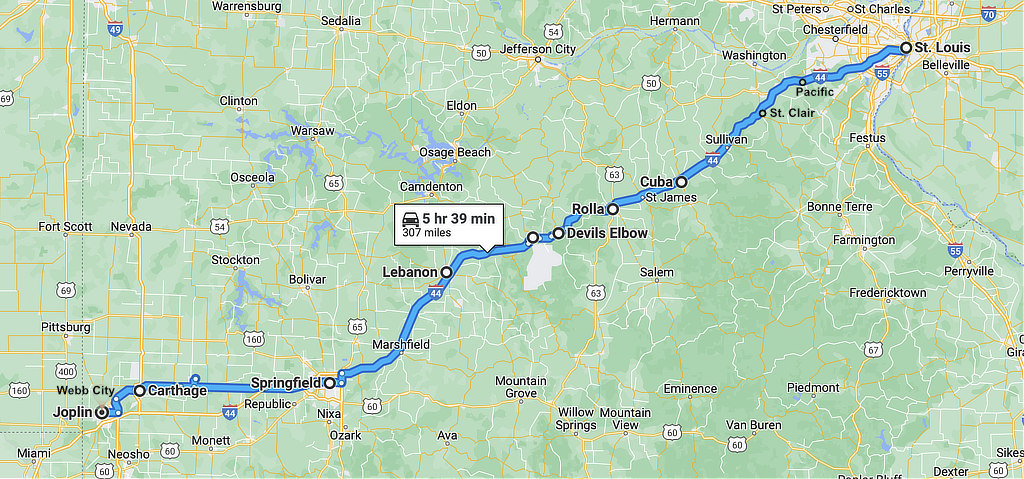 Map showing the location of Cuba, Missouri on Historic Route 66