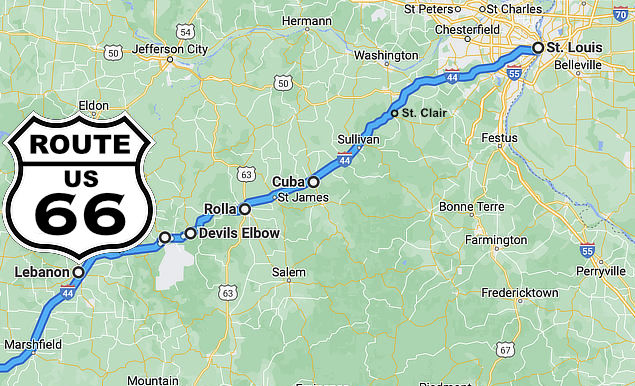 Map showing the approximate location of Historic Route 66 from St. Louis to Lebanon, Missouri