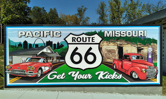 Route 66 sign outside of the Red Cedar Inn, the new Pacific Missouri Welcome Center & Musuem