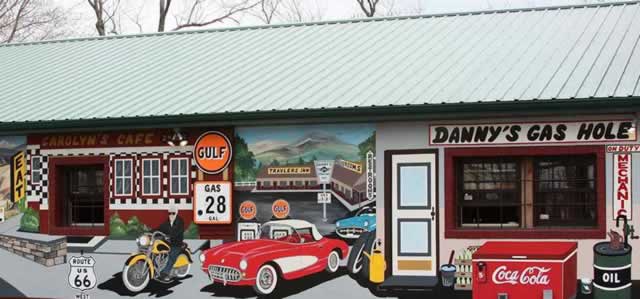 Mural with a red Corvette in Fanning, Missouri, 5 miles west of Cuba, painted on the side of the Fanning Route 66 Outpost General Store