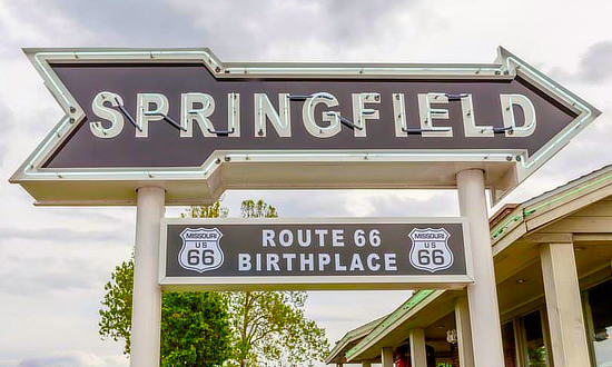 The Birthplace of Route 66 sign in Springfield, Missouri