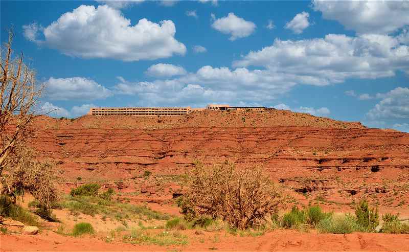 The View Hotel at the Monument Valley Navajo Tribal Park seen from the valley floor