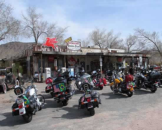 Motorcycle tour stopped at the Hackberry General Store on Route 66 between Seligman and Kingman, Arizona