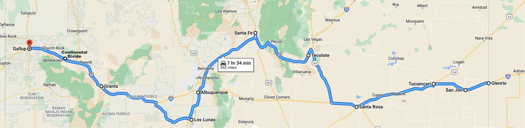 Map showing the location of Santa Rosa, New Mexico on U.S. Route 66